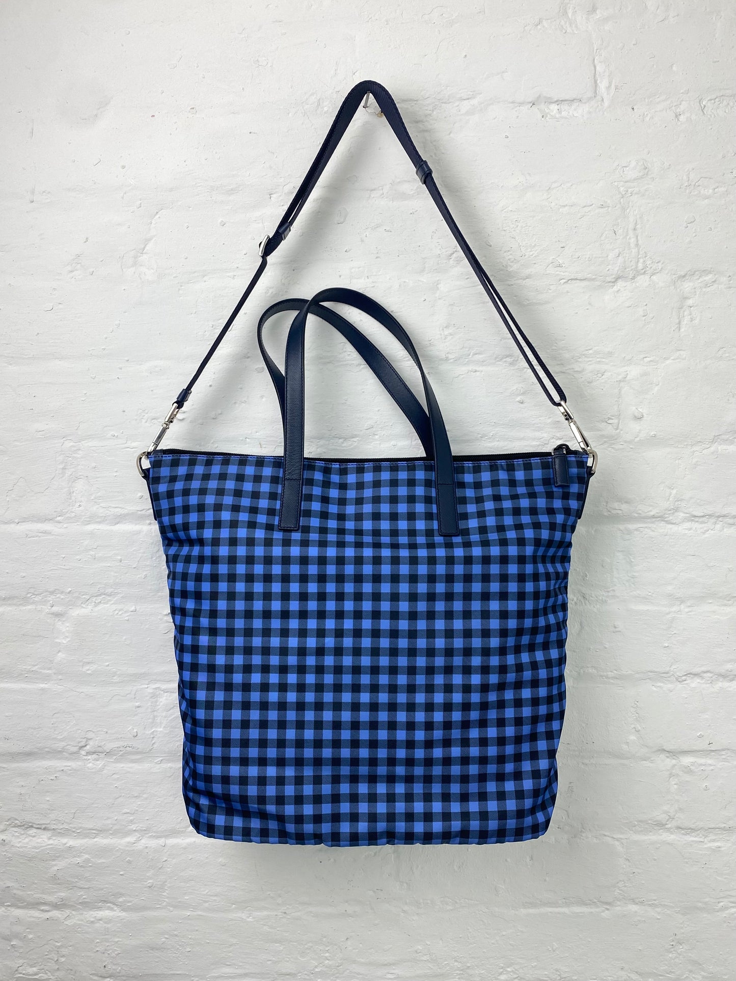 2014 Prada Gingham Printed Nylon Tote