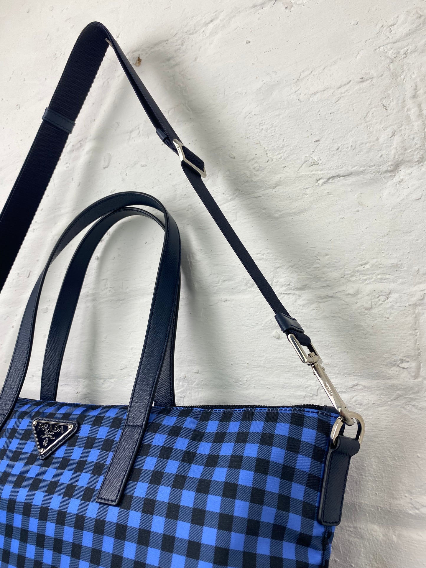 2014 Prada Gingham Printed Nylon Tote