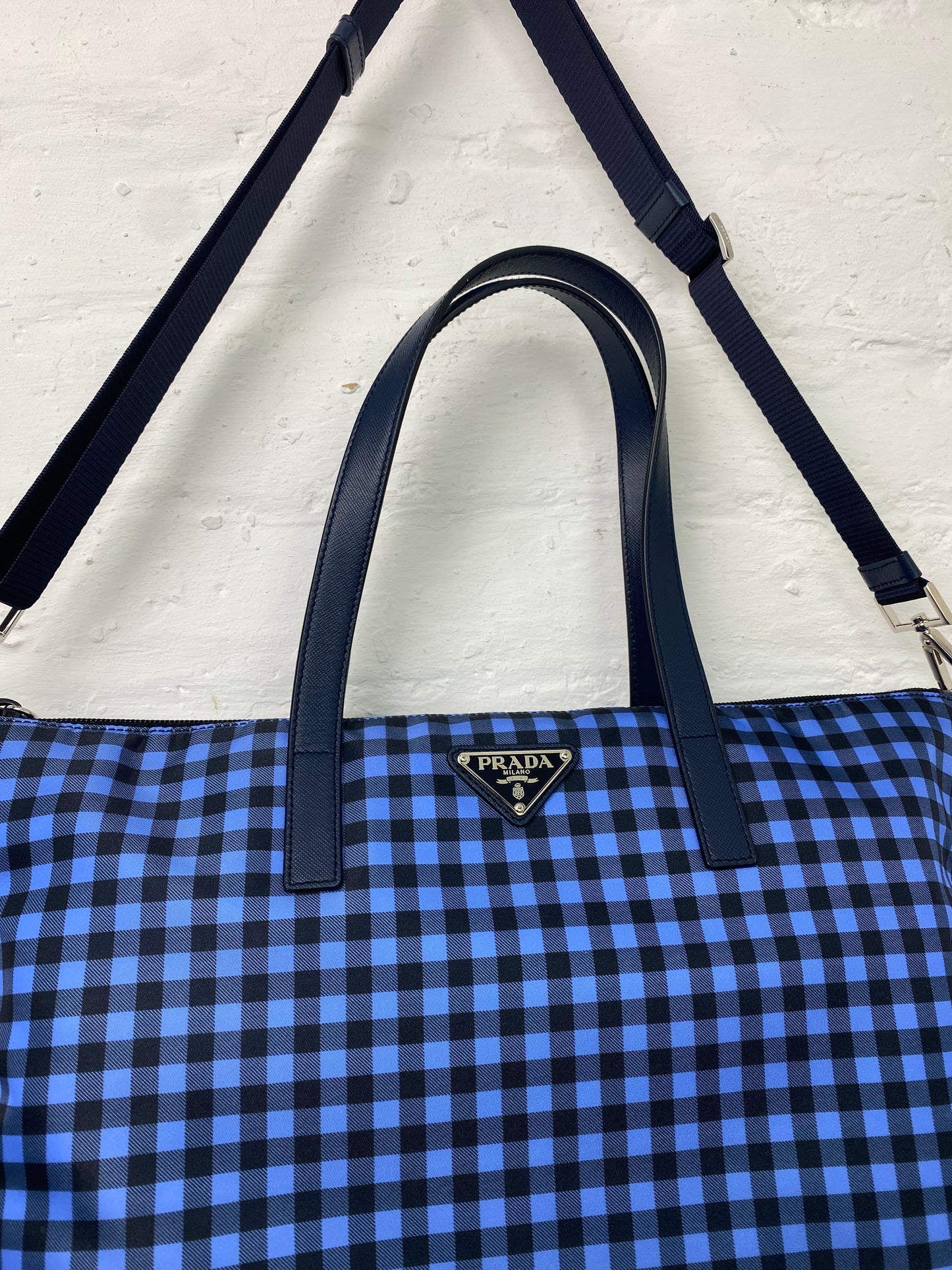 2014 Prada Gingham Printed Nylon Tote