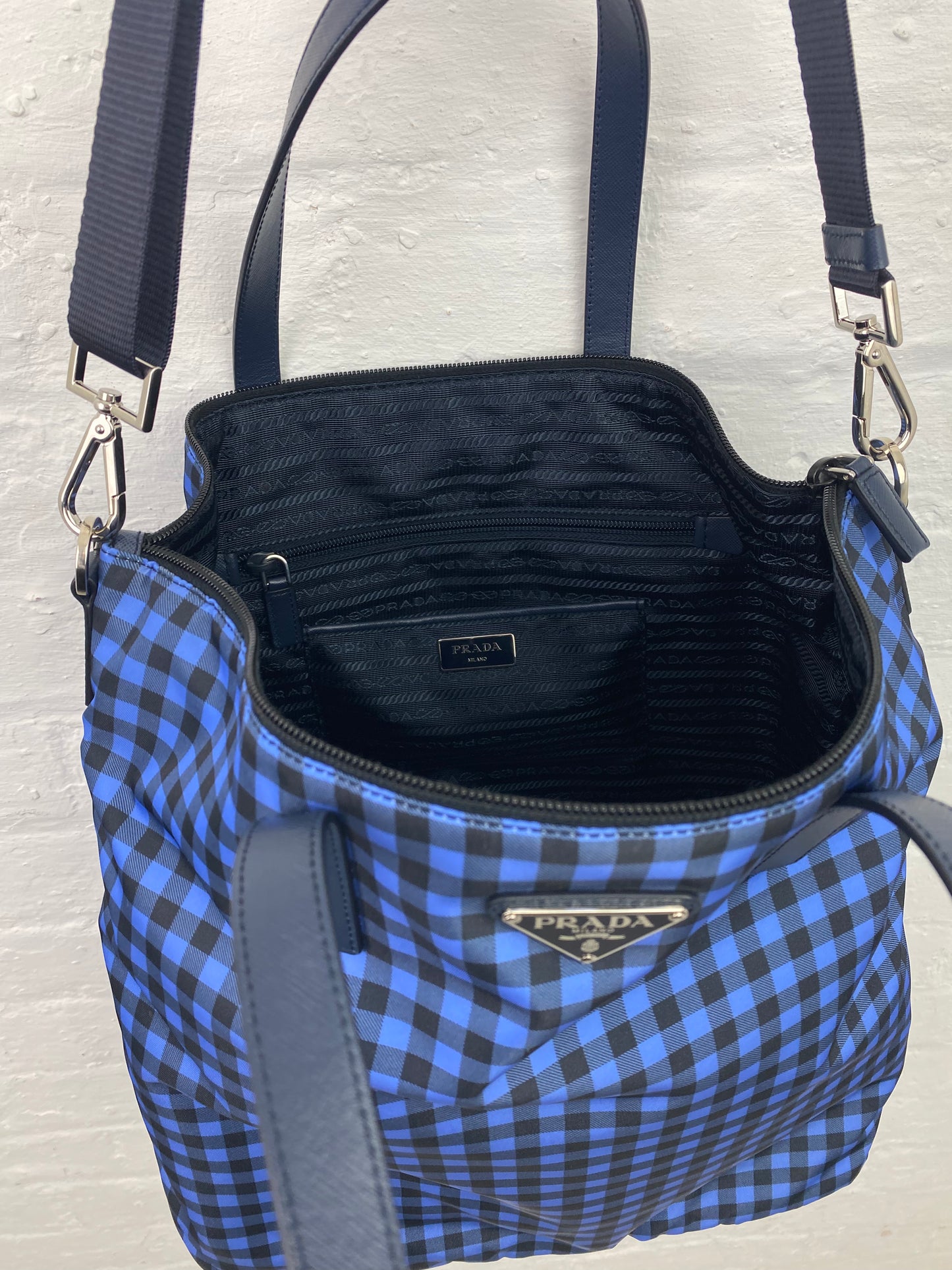 2014 Prada Gingham Printed Nylon Tote