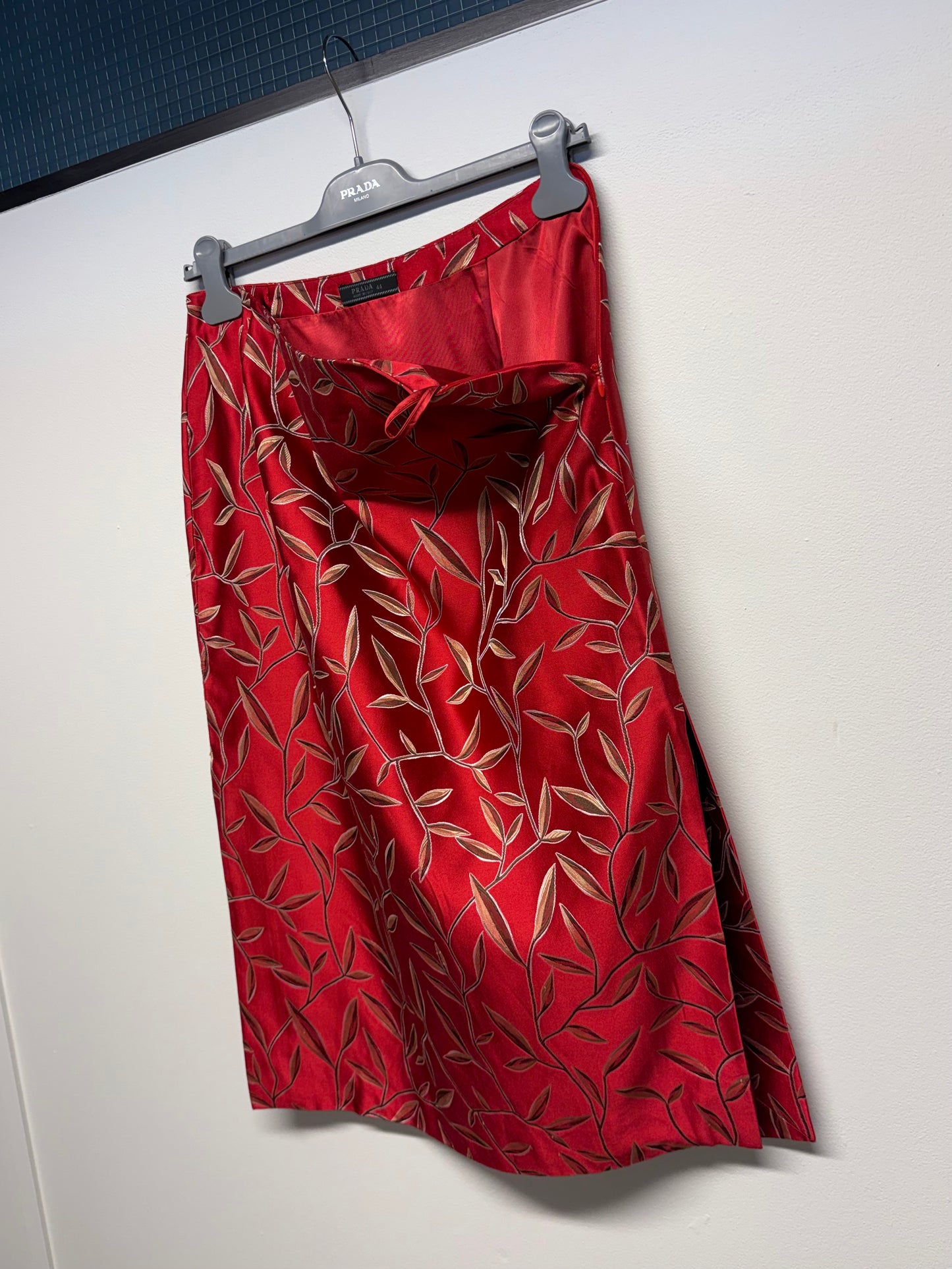 SS 97 Prada Silk Bamboo Leaf Embroidered Skirt