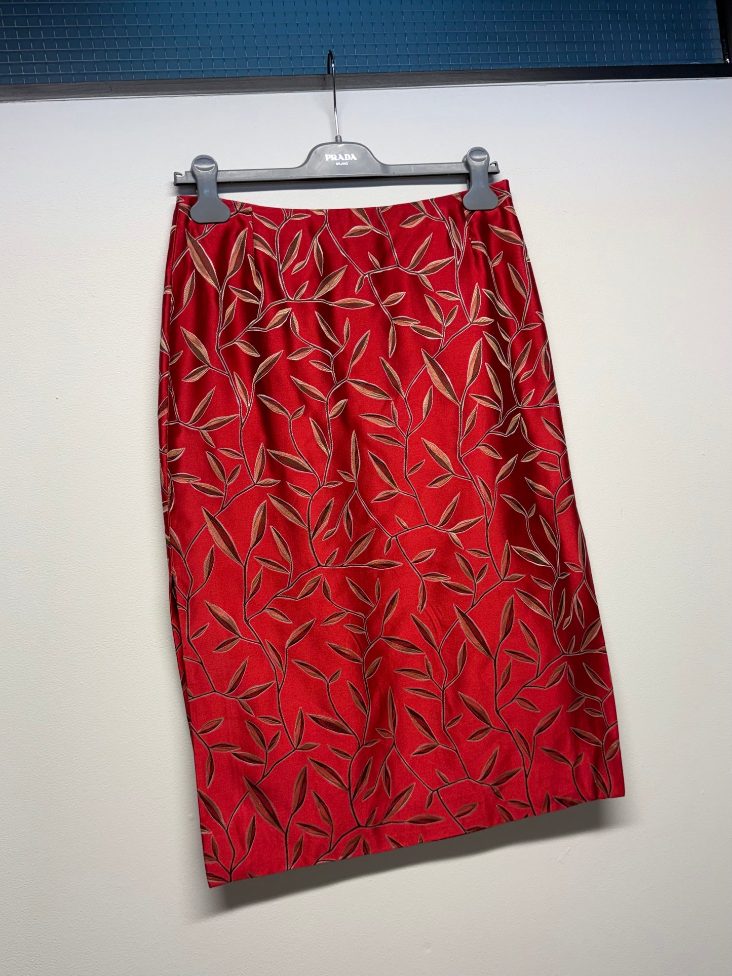 SS 97 Prada Silk Bamboo Leaf Embroidered Skirt