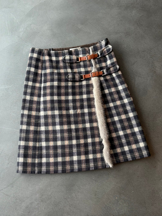 Prada Wool & Fur Buckle Skirt