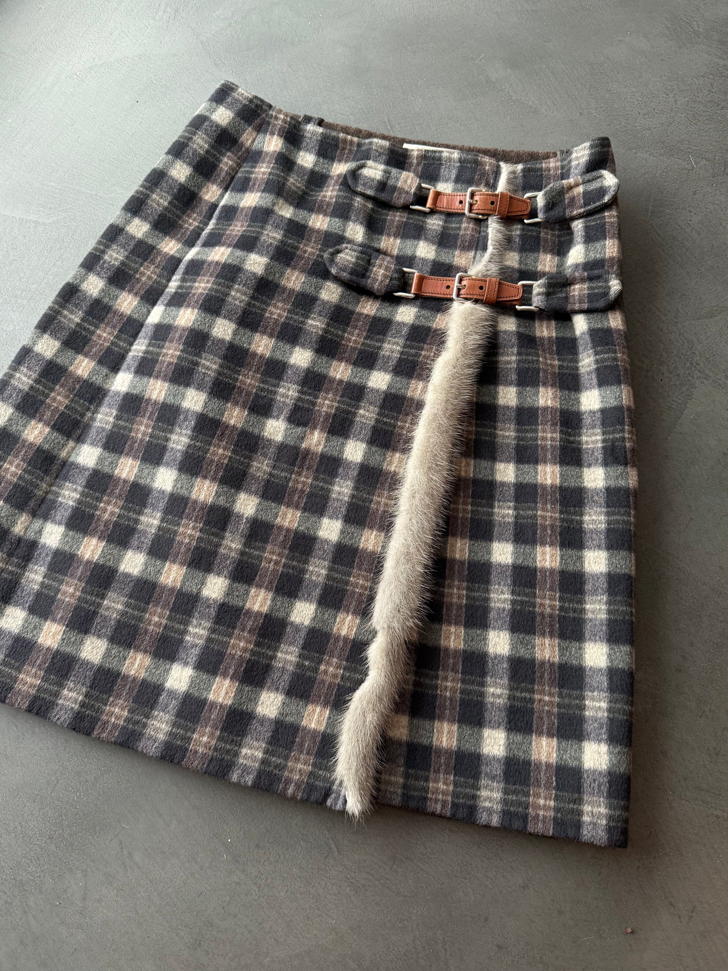 Prada Wool & Fur Buckle Skirt