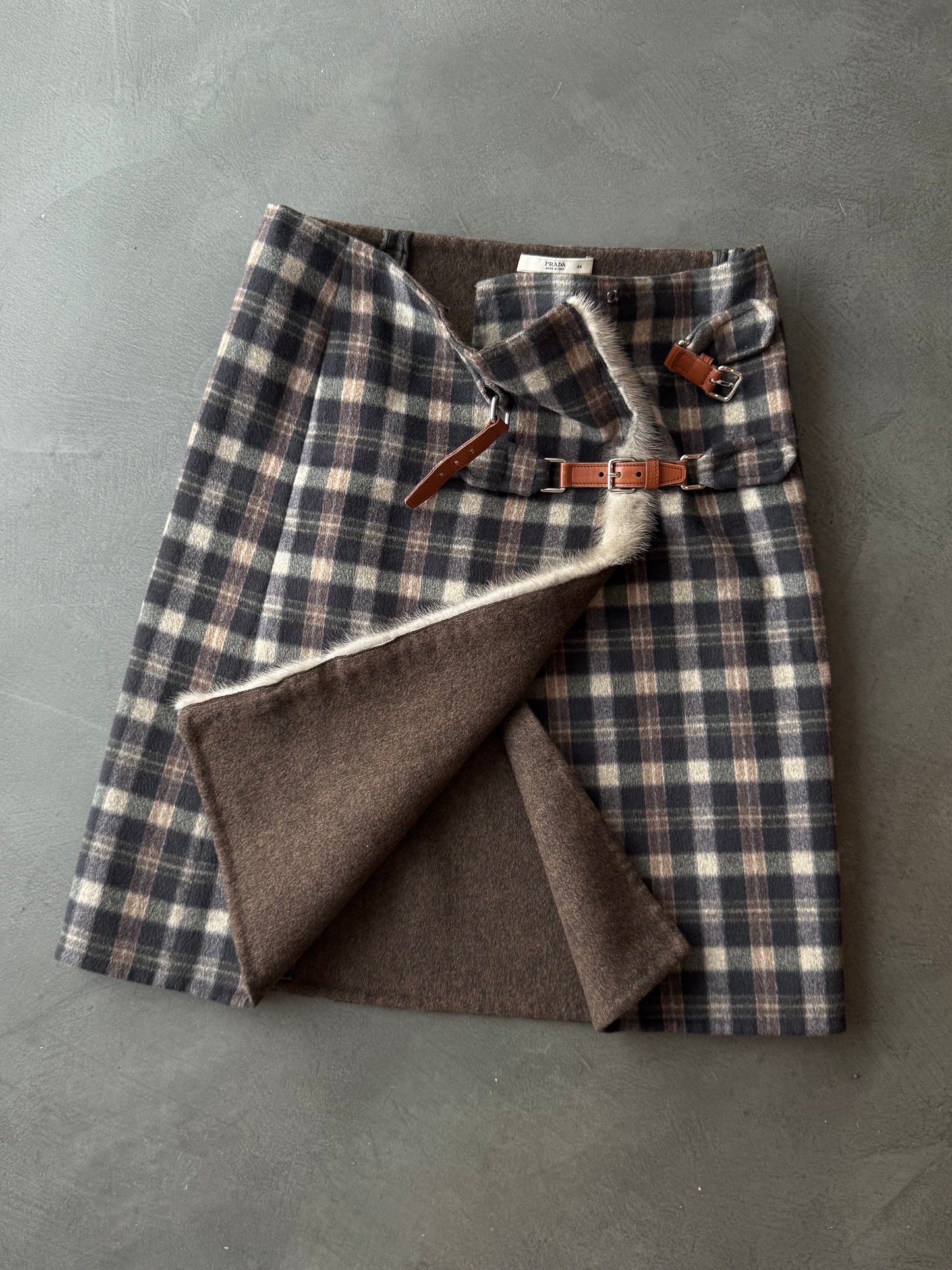 Prada Wool & Fur Buckle Skirt