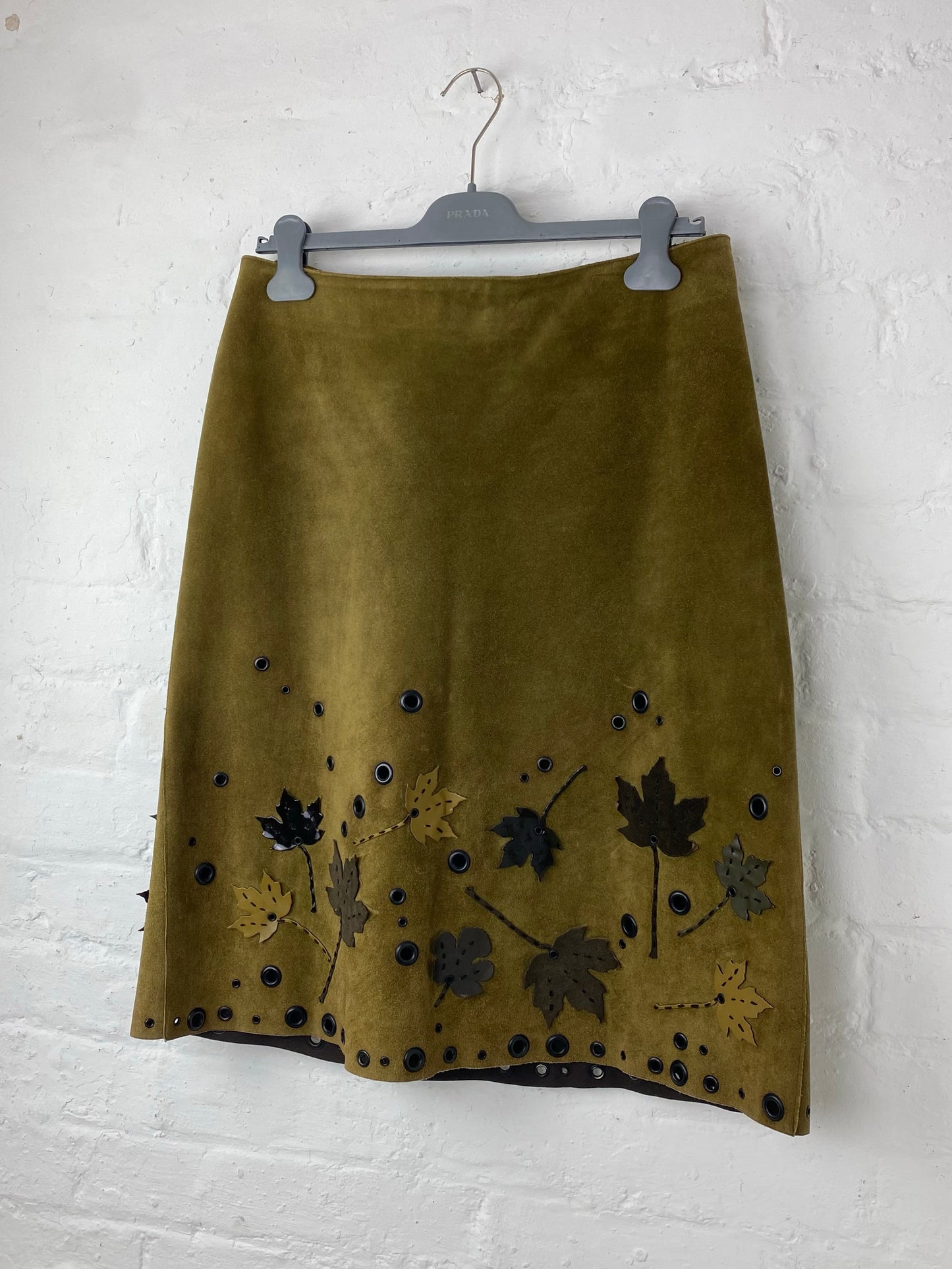 FW 99 Prada Suede Leaf Appliqué Skirt