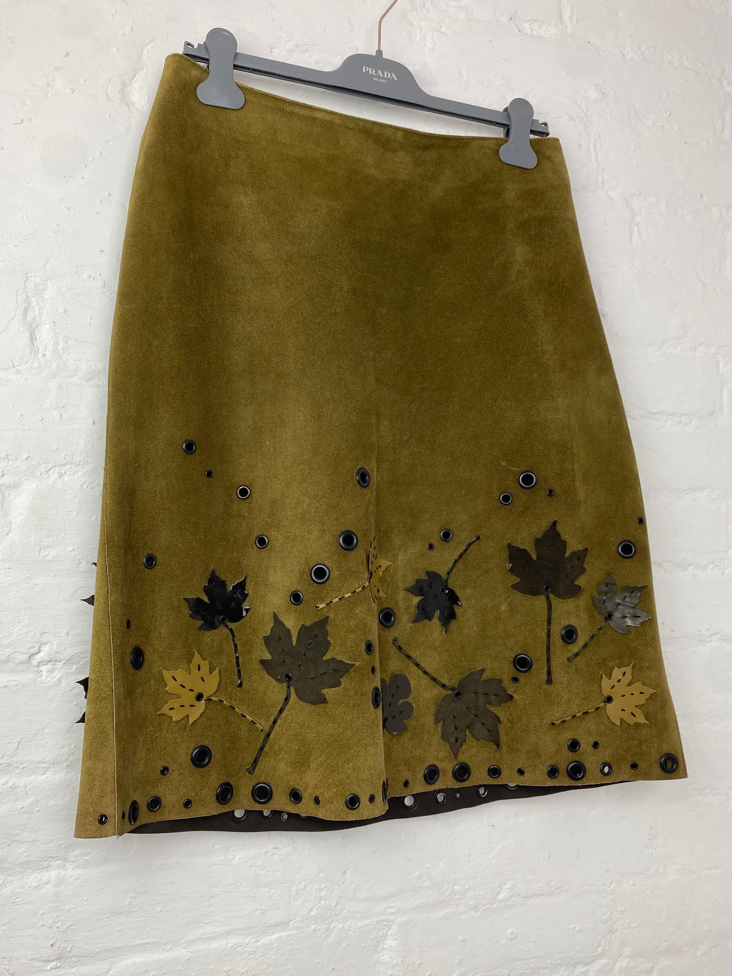 FW 99 Prada Suede Leaf Appliqué Skirt