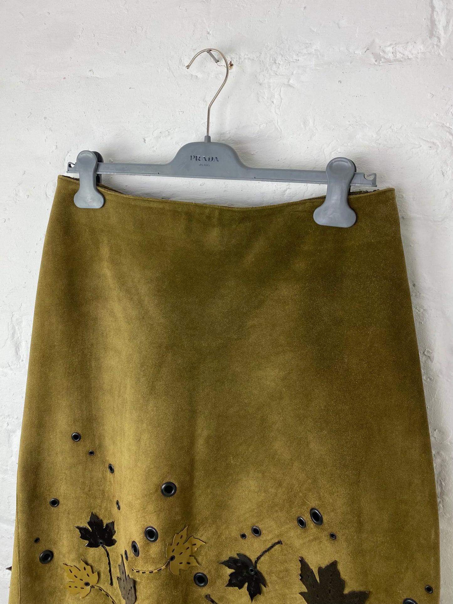 FW 99 Prada Suede Leaf Appliqué Skirt