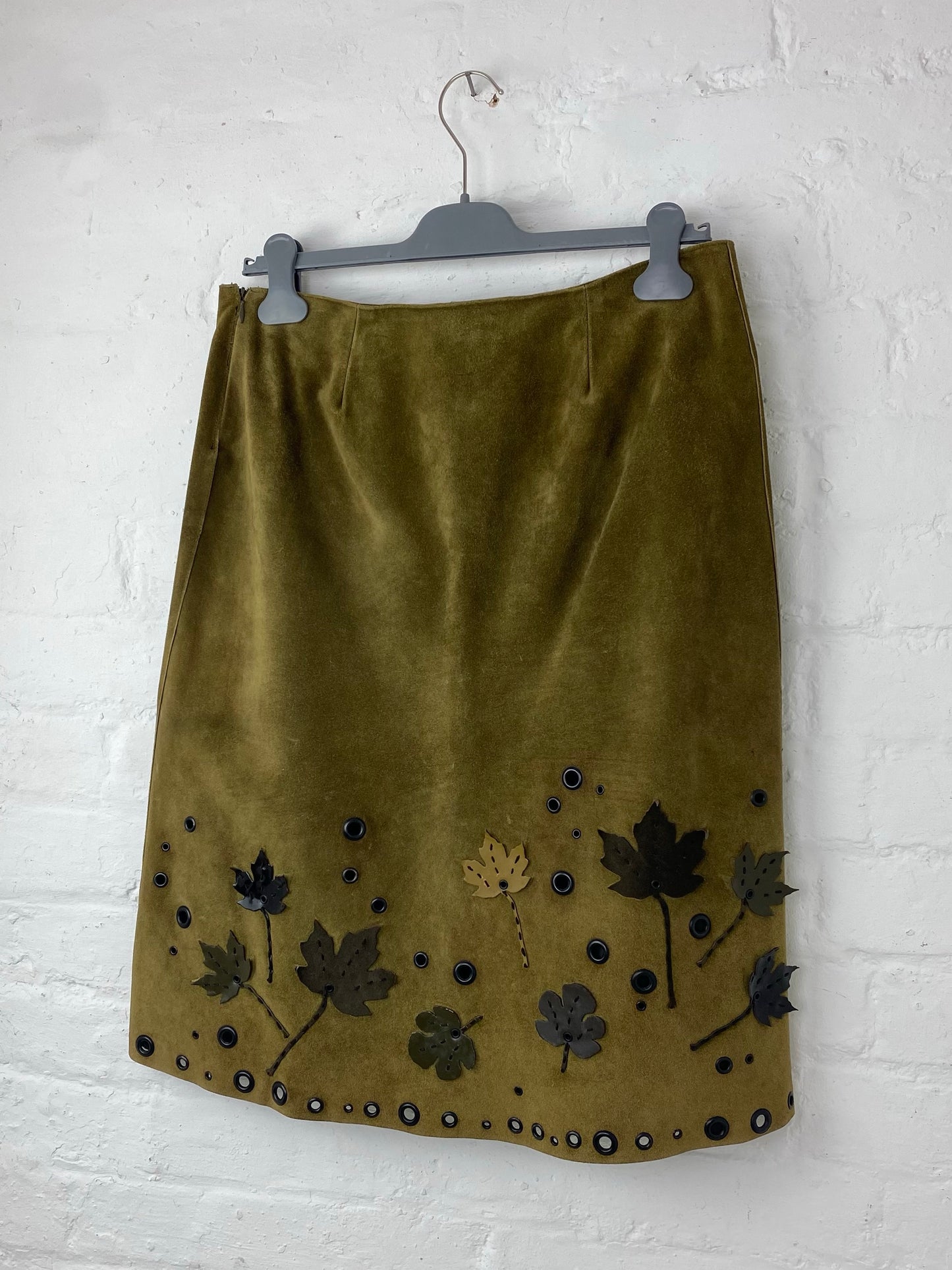 FW 99 Prada Suede Leaf Appliqué Skirt