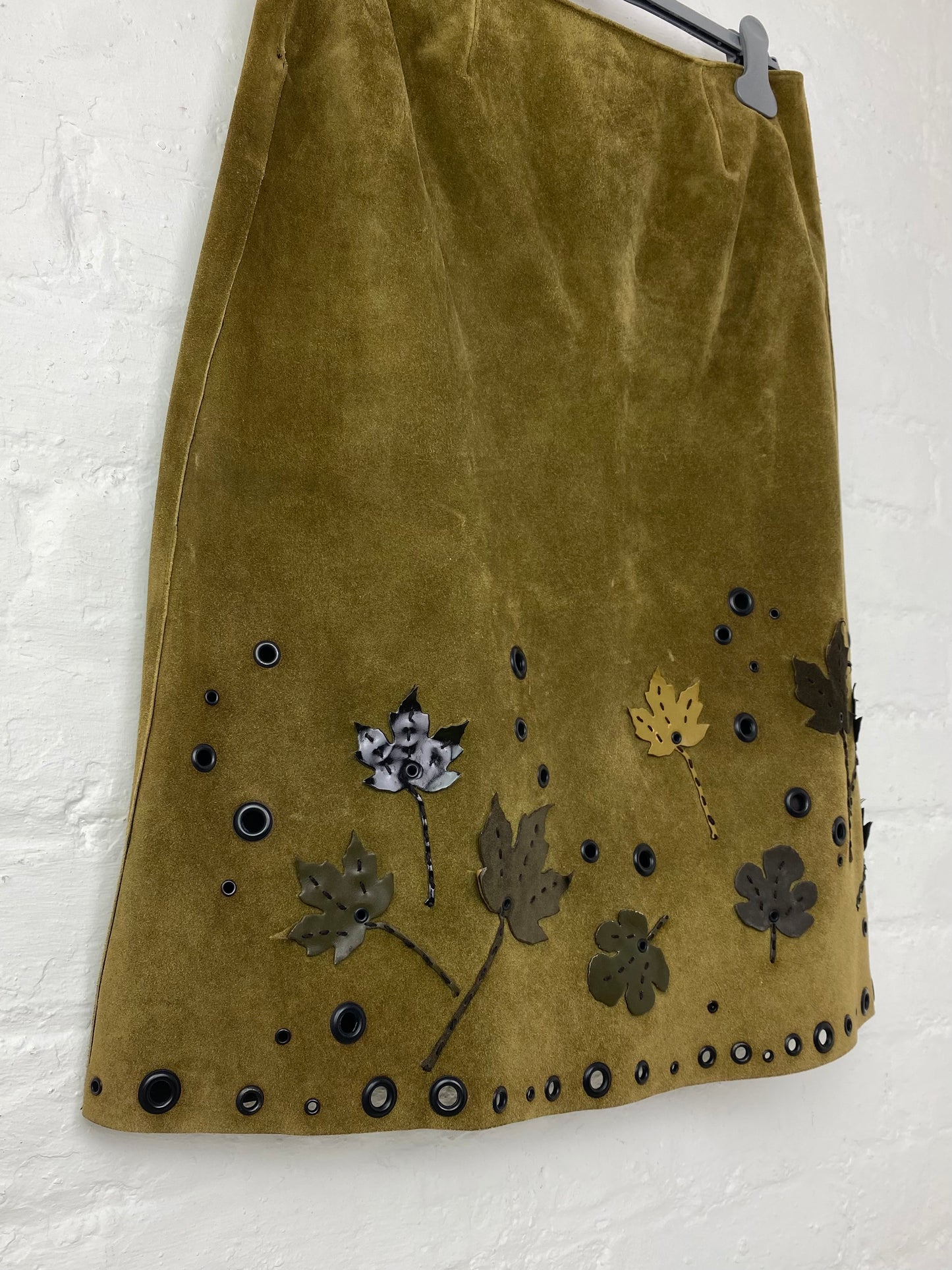 FW 99 Prada Suede Leaf Appliqué Skirt