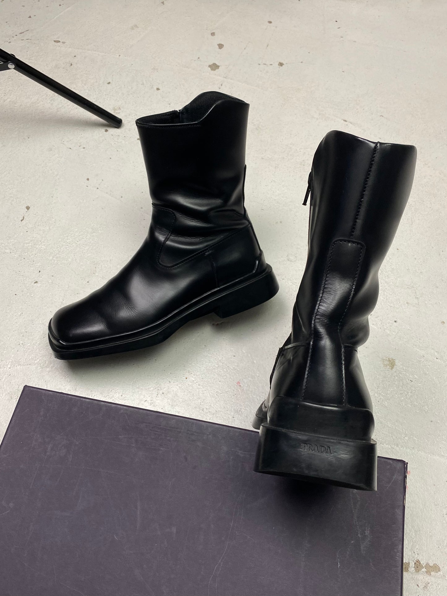 FW 99 Prada Square Toe Leather Boots