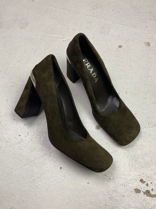 FW 99 Prada Suede Block Heels